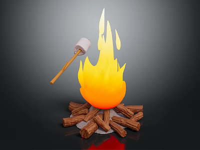 Campfire Scene With Burning Flame Wood Logs And Marshmallow On Stick 3d model