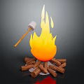 Campfire Scene With Burning Flame Wood Logs And Marshmallow On Stick