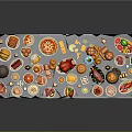 Abundant Assorted Dishes Fruits And Drinks On Long Table With Tablecloth And Wooden Legs