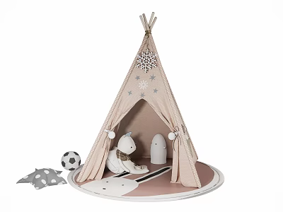 Pastel Pink Kids Teepee Tent With Snowflake Star Decor Plush Bear Soccer Ball Cloud Toys 3d model