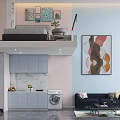 Modern Apartment Interior With Stairs TV Fridge Vanity And Tropical Tiles