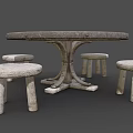 Round Wooden Table with Striped Top and Cross Base and Two Small Matching Stools