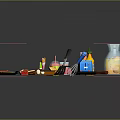 Household Kitchen Essentials Including Bottles Toaster Frying Pan Whisk Knife Cutting Board And Food Items