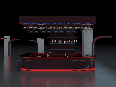 Modern Bar Interior With Curved Counter Red Lighting Wine Racks And High Stools 3d model