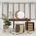 Wooden Dressing Table Interior With Round Mirror Shutter Blinds Potted Plant And Rug