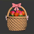 Woven Basket Bonsai Plant With Pink Bow Red Pink Tulips And Green Leaves