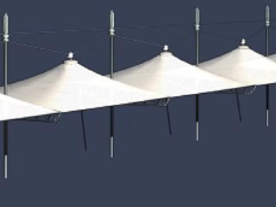White Membrane Canopies With Pointed Tops And Supporting Poles Arranged In A Row 3d model
