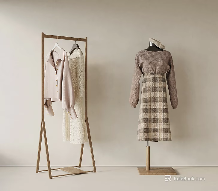 Minimalist Wooden Frame Clothes Hanger With Hanging Shirts Lace Dress And Mannequin In Checked Outfit 3d model 