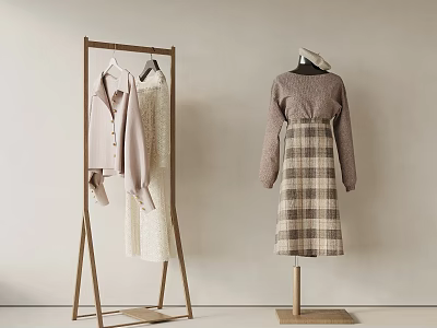 Minimalist Wooden Frame Clothes Hanger With Hanging Shirts Lace Dress And Mannequin In Checked Outfit 3d model