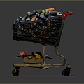 Black Shopping Cart Filled With Various Food And Drink Bottles On Wooden Dark Mat