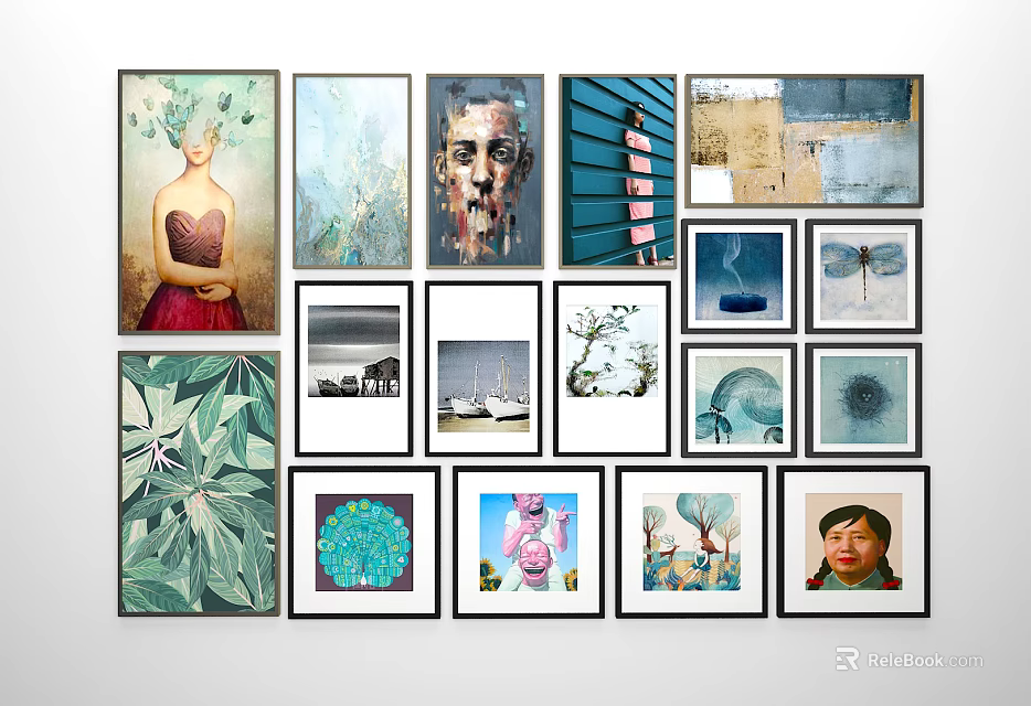 Various Framed Abstract Paintings With Diverse Styles And Colorful Artworks On Wall 3d model 