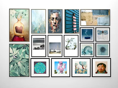 Various Framed Abstract Paintings With Diverse Styles And Colorful Artworks On Wall 3d model
