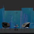 Modern Guangzhou City Skyline Display With Blue Background Chairs And Table