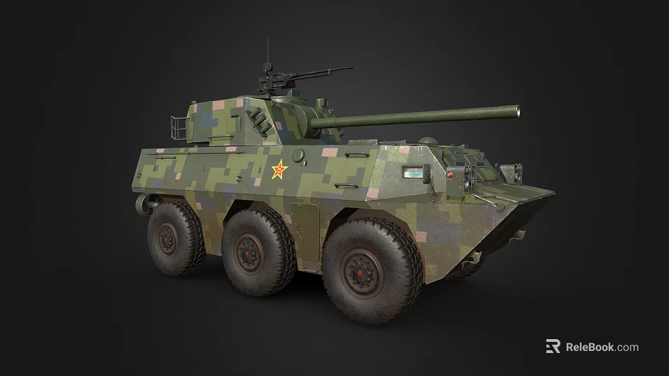 Military Camouflage Tank With Six Wheels Top Cannon And Yellow Five Pointed Star 3d model 