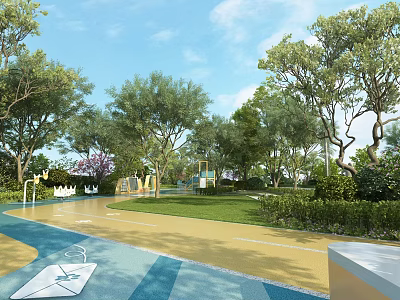 Elegant Garden Landscape Design With Lush Trees Green Lawn And Colorful Pathways 3d model