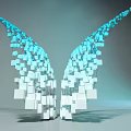 Geometric Sculpture With Blue White Cubes Forming Wing Shape And Colorful Base