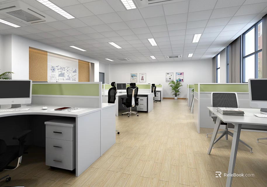 Modern Office Workspace Design With Open Cubicles Whiteboard Computers And Green Plants 3d model