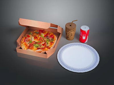 Tasty Pizza In Open Box With Vegetables Meats Coke Can And White Plate 3d model