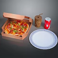 Tasty Pizza In Open Box With Vegetables Meats Coke Can And White Plate