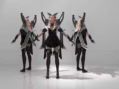 Game Movie Character With Pink Hair Black Outfit And Mechanical Wings In Three Angles 3d model