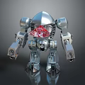 Silver Robot Character With Red Crystal Chest Reflective Surface And Weapon Hands 3d model