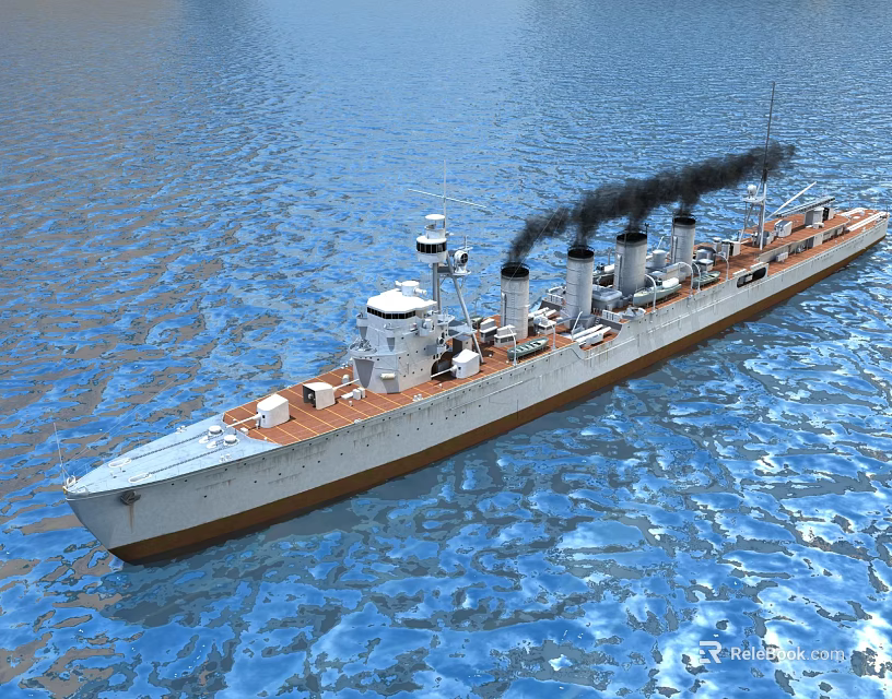 Warship Sailing on Blue Water with Smoke Emitting from Chimneys and Wooden Deck 3d model 