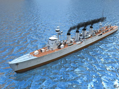 Warship Sailing on Blue Water with Smoke Emitting from Chimneys and Wooden Deck 3d model
