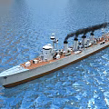 Warship Sailing on Blue Water with Smoke Emitting from Chimneys and Wooden Deck