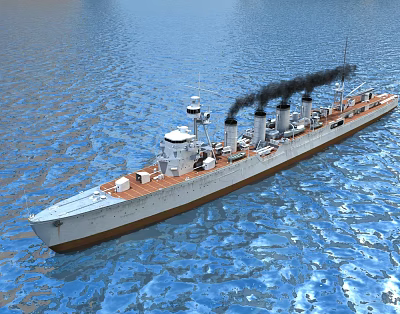 Warship Sailing on Blue Water with Smoke Emitting from Chimneys and Wooden Deck 3d model Warship Sailing on Blue Water with Smoke Emitting from Chimneys and Wooden Deck 3d model