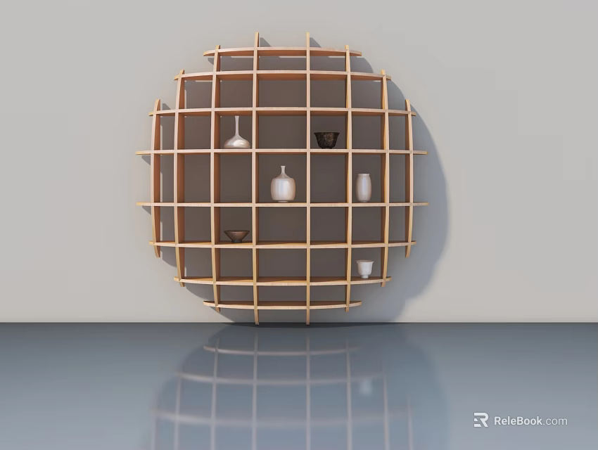 Modern Hinged Door with Circular Wooden Grid Shelf and Decorative Vases on Light Gray Wall 3d model 