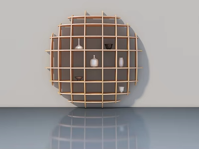 Modern Hinged Door with Circular Wooden Grid Shelf and Decorative Vases on Light Gray Wall 3d model