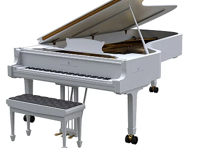 White Grand Piano With Open Lid And Matching Stool For Musical Instruments 3d model