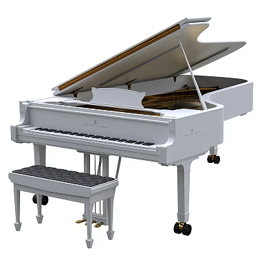 White Grand Piano With Open Lid And Matching Stool For Musical Instruments 3d model