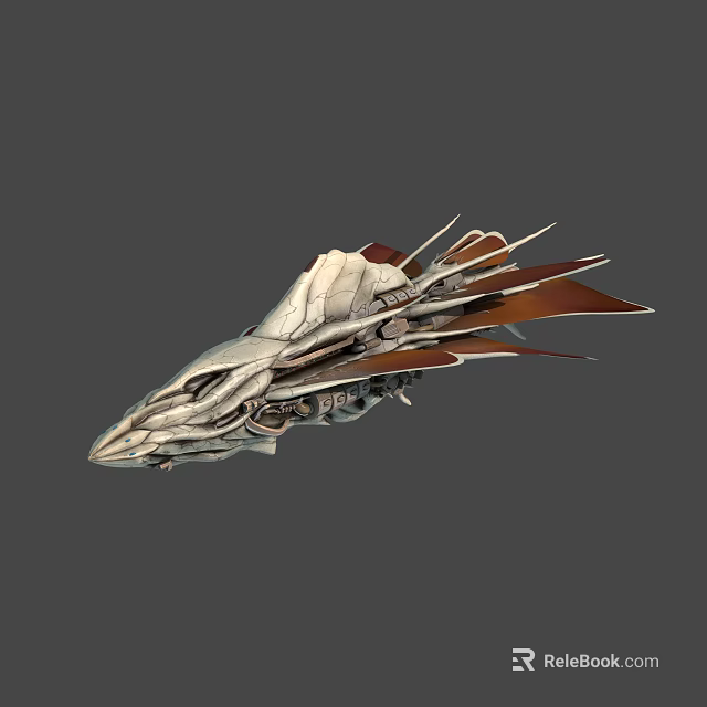 Futuristic Mechanical Spaceship Design With Silver Body Red Brown Details And Spiked Structure 3d model 