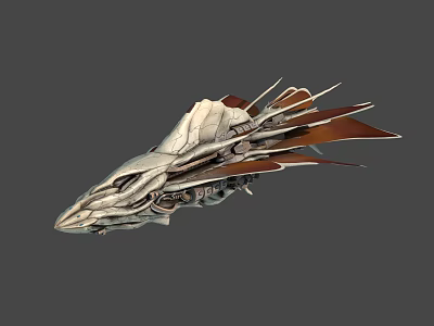 Futuristic Mechanical Spaceship Design With Silver Body Red Brown Details And Spiked Structure 3d model
