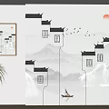 Chinese Style Sofa Background Wall With Huizhou Architecture Mountains Rivers Birds Red Sun