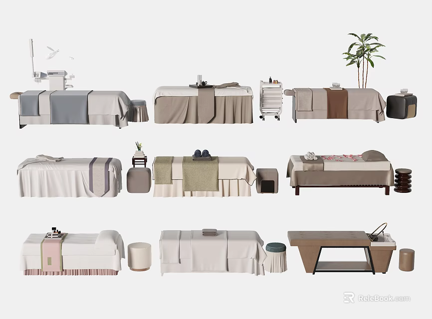 Comfortable Massage Beds Featuring Modern Ergonomic Design Soft Padding Stylish Covers And Matching Stools 3d model 