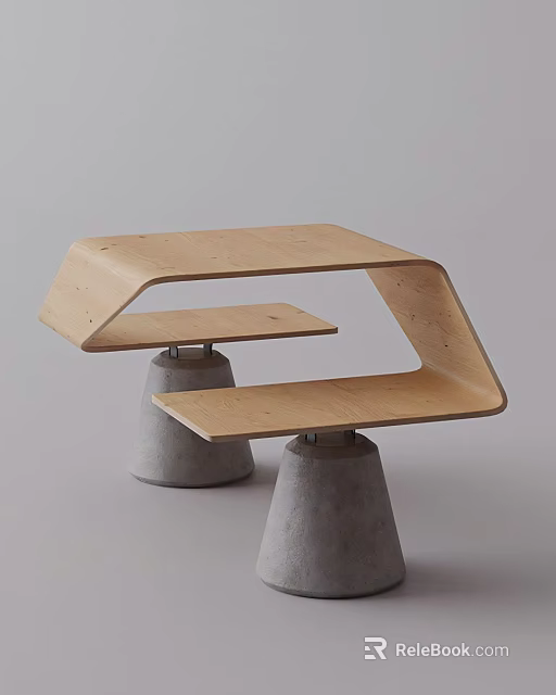 Modern Single Chair With Curved Wooden Structure And Concrete Support Bases 3d model 