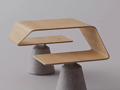 Modern Single Chair With Curved Wooden Structure And Concrete Support Bases 3d model