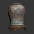 Traditional Ceramic Vessel With Colorful Intricate Patterns And Golden Decorative Base