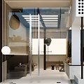 Modern Chill Cafe Exterior With Geometric Wall Glass Entrance And Hanging Decorations