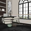 Spacious Study Room Interior With Arched Window Built in Bookshelves Leather Chair And Fur Rug
