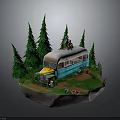 Vintage Blue And White Bus With Person On Roof Among Pine Trees And Camping Setup
