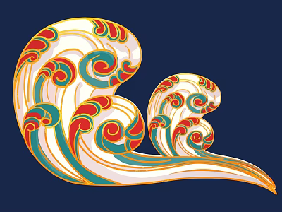Traditional Wave Shaped Decorative Carving With Red Green Yellow White Colors And Artistic Design 3d model
