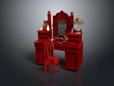 Traditional Chinese Red Vanity Table With Mirror And Carved Details And Matching Chair 3d model