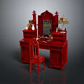 Traditional Chinese Red Vanity Table With Mirror And Carved Details And Matching Chair