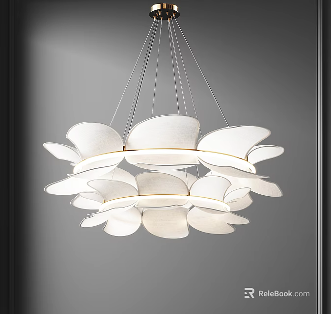 Modern White Chandelier with Layered Petal Shaped Fabric Shades for Elegant Interior Lighting Design 3d model 