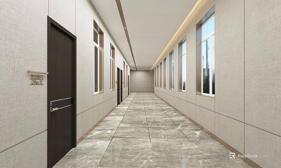 Modern Elevator Hallway Interior With Light Colored Walls Marble Floor And Windows 3d model