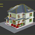 Two Story Building With Blue Roof White Walls Brown Windows And Front Plants