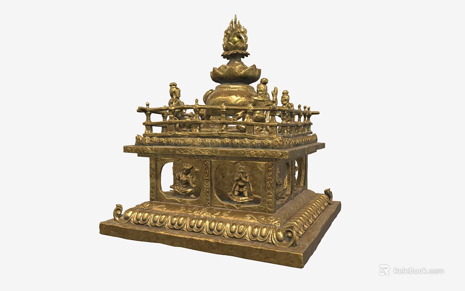 Golden Multi Tiered Ornament Decorative Set With Carved Buddha Figures And Intricate Details 3d model 